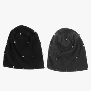 Studded Beanie Hat Lot of 2 Gray & Black Slouchy Knit Beanies Unisex